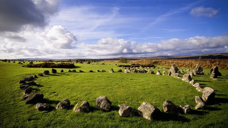Stone Circle in Field — Green, Serene, Afternoon, Photograph, Grass, Sky, Clouds, Blue
