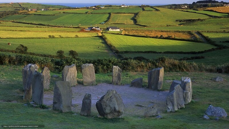 Stone circle in green fields