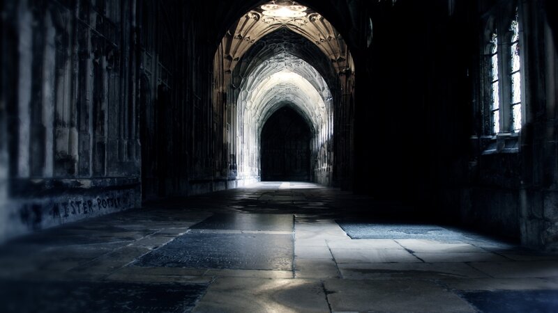 Stone Corridor with Arches — Gray, Dramatic