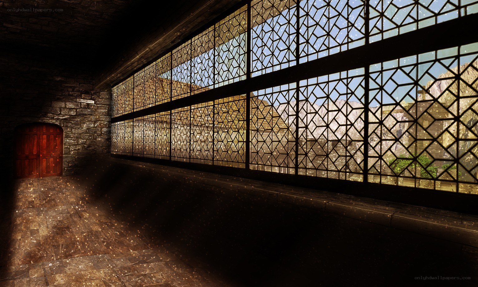 stone corridor with stained glass
