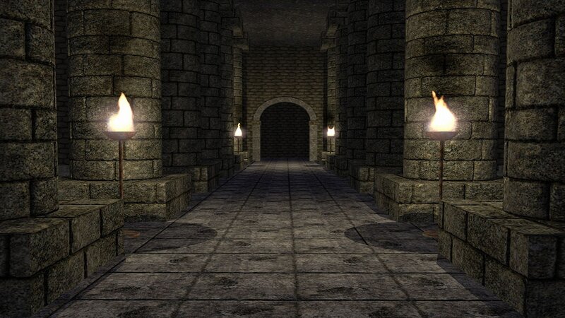 stone corridor with torches