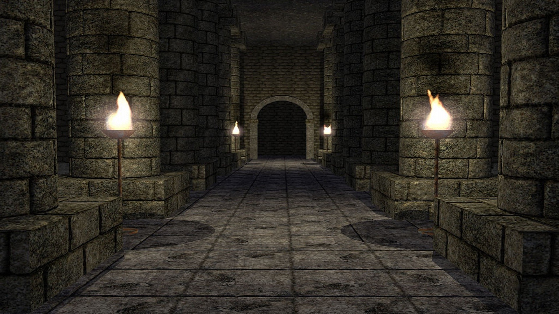 stone corridor with torches