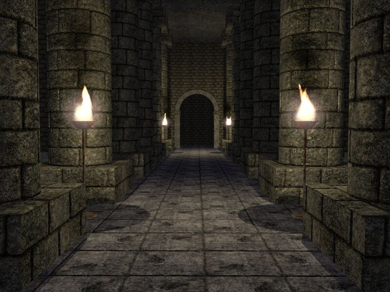 stone corridor with torches