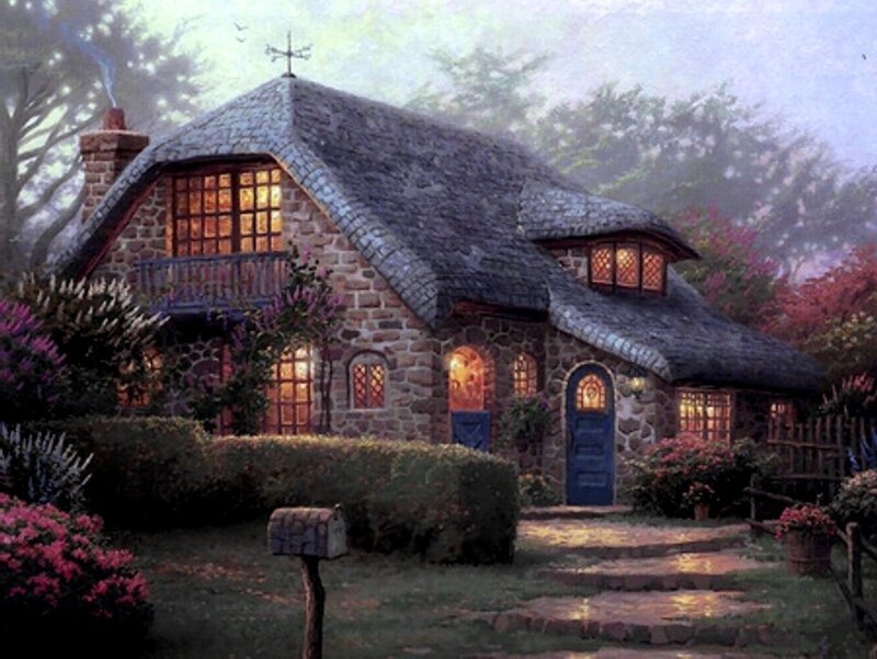 Stone Cottage at Dusk — Brown