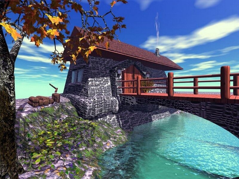 Stone cottage by a river