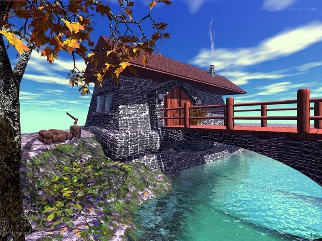 Stone cottage by a river