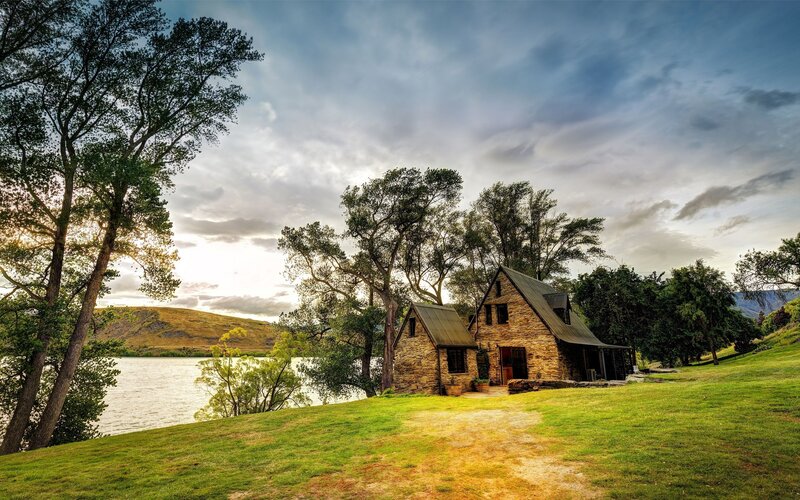 Stone Cottage by Lake — Green, Serene, Sunset, Photograph
