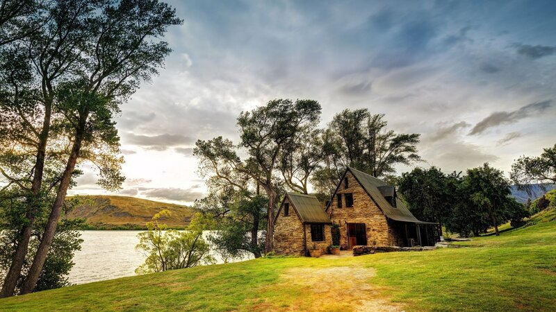 Stone Cottage by Lake — Green, Serene, Sunset