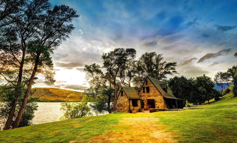 Stone Cottage by Lake — Green, Serene