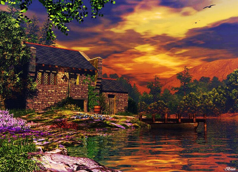Stone Cottage by Lake — Orange