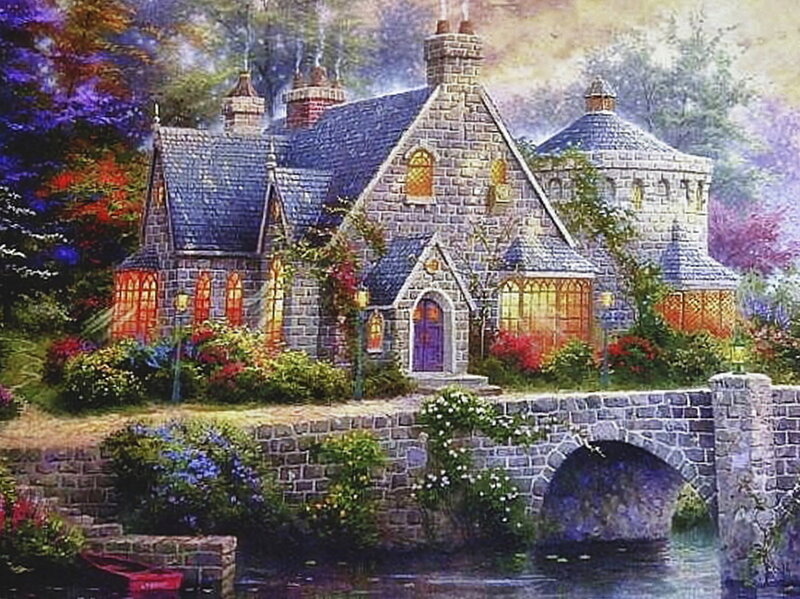 Stone Cottage by River — Blue
