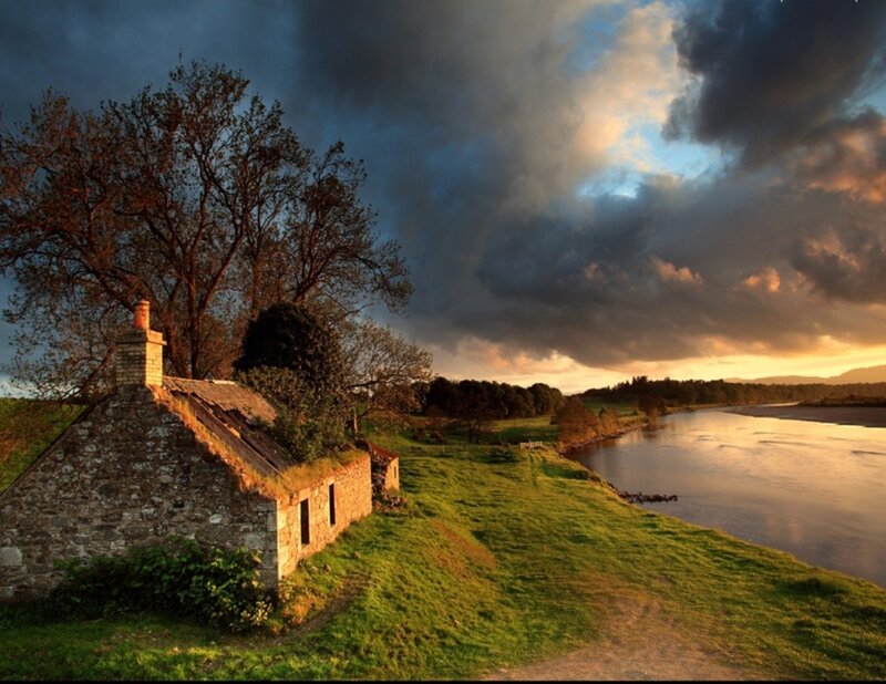 Stone Cottage by River — Green, Dramatic, Sunset, Photograph