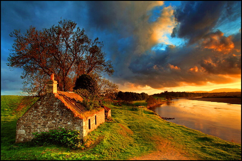 Stone Cottage by River — Green, Dramatic, Sunset, Photograph, Tree