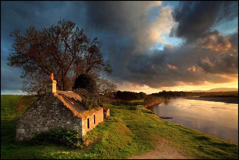 Stone Cottage by River — Green, Dramatic, Sunset