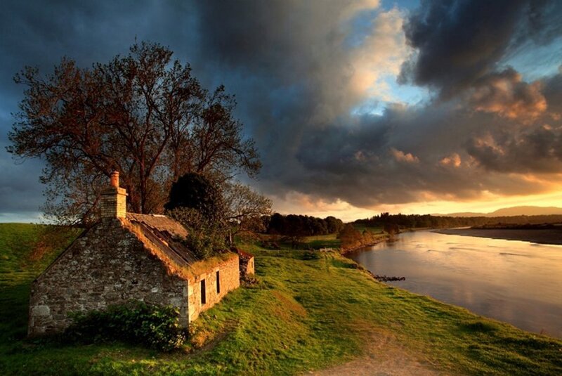 Stone Cottage by River — Green, Dramatic