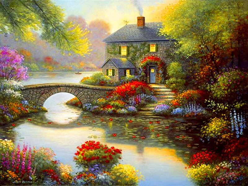 Stone Cottage by River — Green, Serene, Afternoon, Painting, Bridge