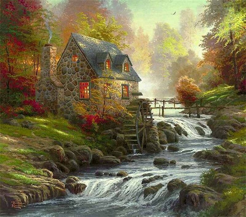 Stone Cottage by River — Green, Serene, Autumn