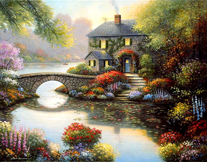 Stone Cottage by River — Green, Serene, Morning