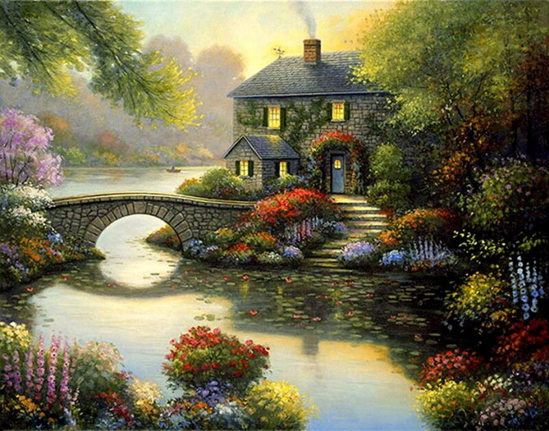 Stone Cottage by River — Green, Serene