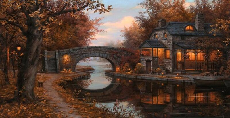 Stone Cottage by River — Orange, Serene, Autumn