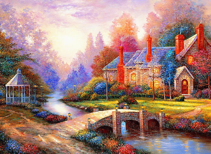 Stone Cottage by River — Purple