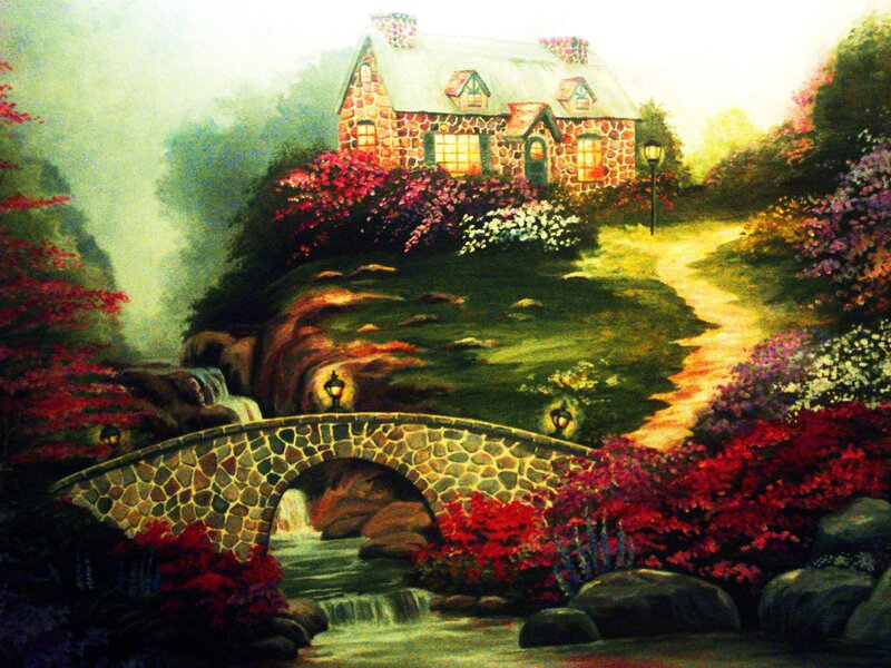 Stone Cottage by Stream — Green, Serene, Morning