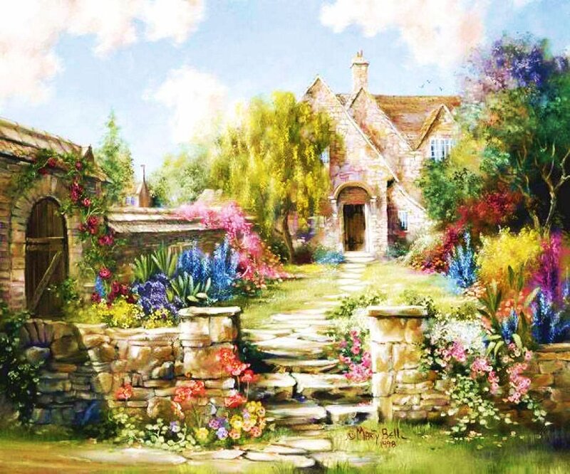 Stone Cottage Garden — Green, Serene, Afternoon, Painting
