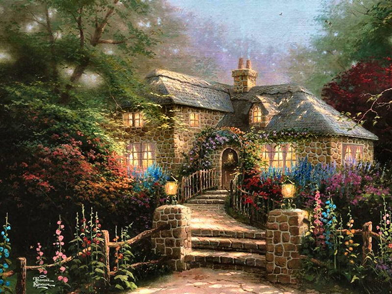 Stone Cottage Garden — Green, Serene, Night