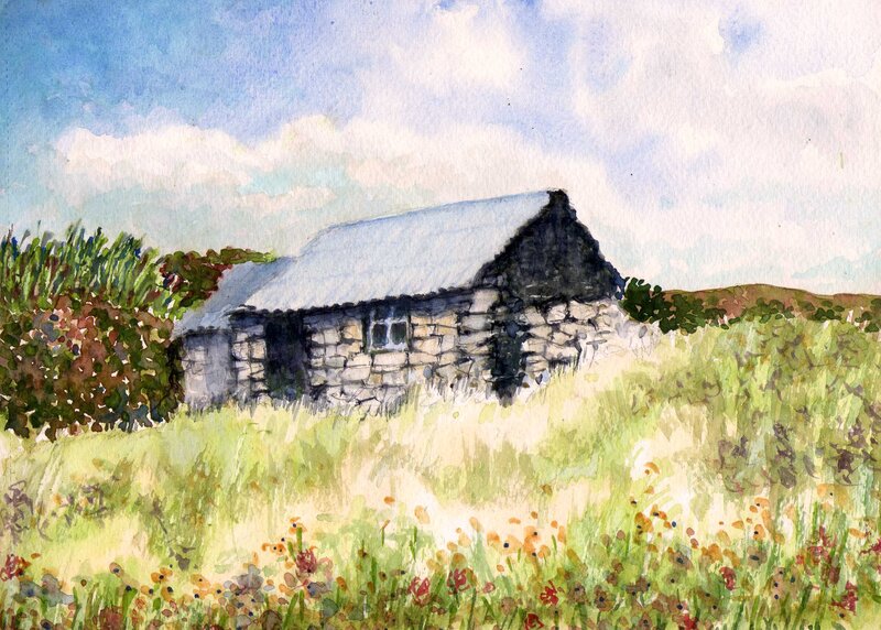 Stone Cottage in Field — Green, Serene