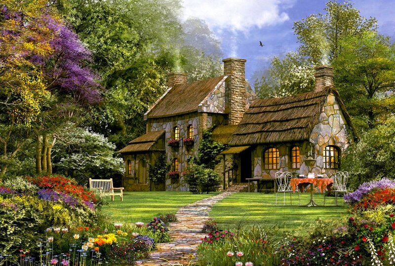 Stone Cottage in Garden — Green, Serene, Afternoon, Digital Art