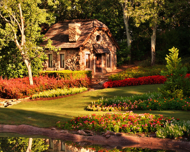 Stone Cottage in Garden — Green, Serene, Afternoon, Photograph, Flowers, Trees