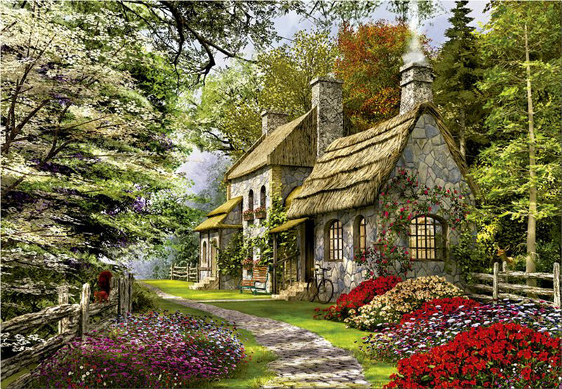 Stone Cottage in Garden — Green, Serene, Spring