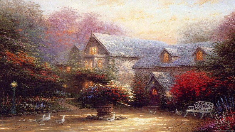 Stone Cottage in Garden — Green, Serene, Sunset, Painting