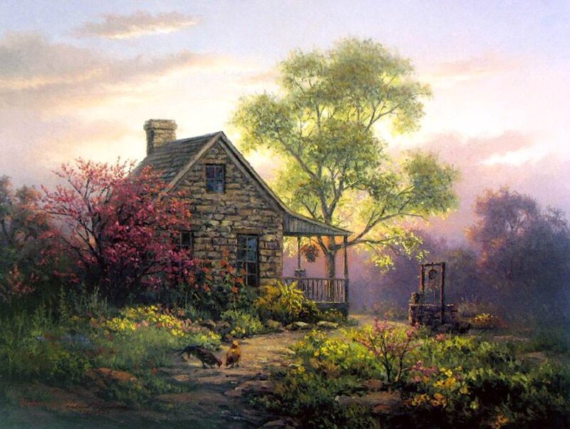 Stone Cottage in Garden — Green, Serene, Sunset