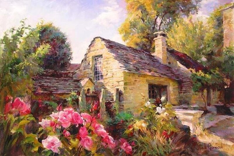 Stone Cottage in Garden — Pink