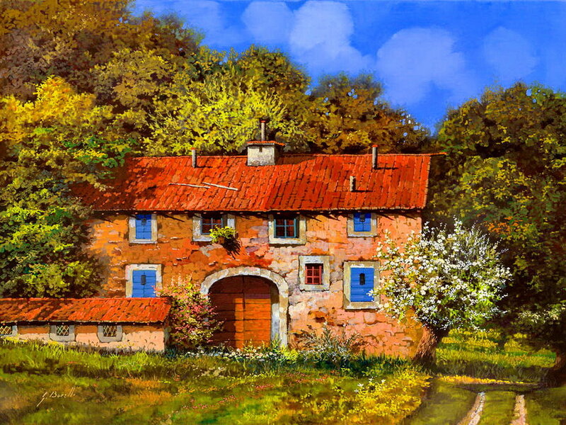 Stone Cottage in Garden — Red, Serene