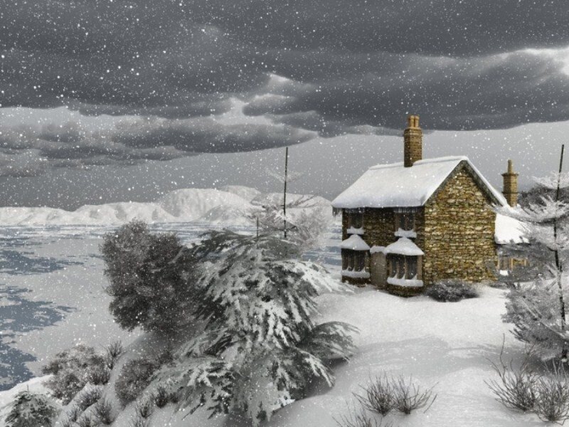 Stone Cottage in Snow