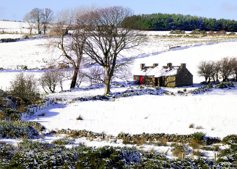 Stone Cottage in Snow — White