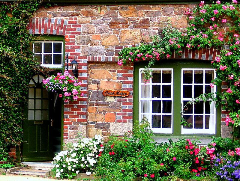 Stone Cottage with Flowers — Green, Serene, Spring