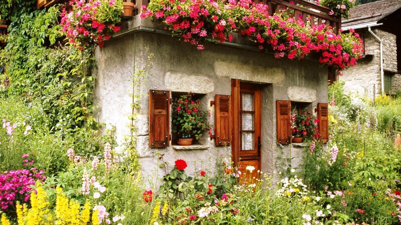 Stone Cottage with Flowers — Green, Serene, Summer