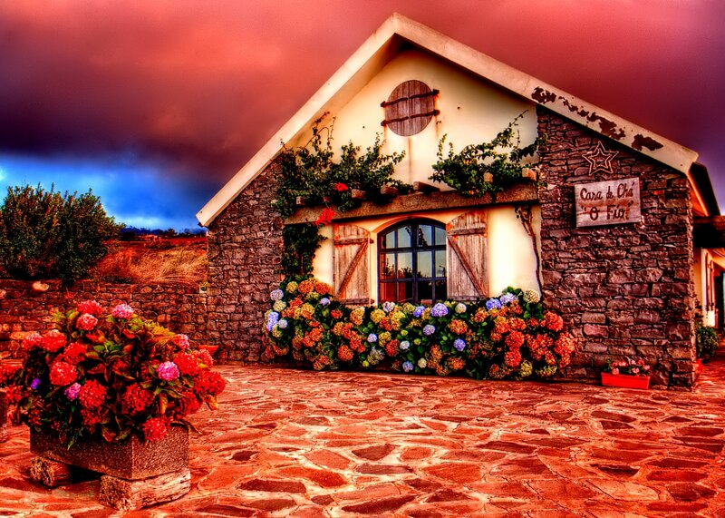 Stone Cottage with Flowers — Red
