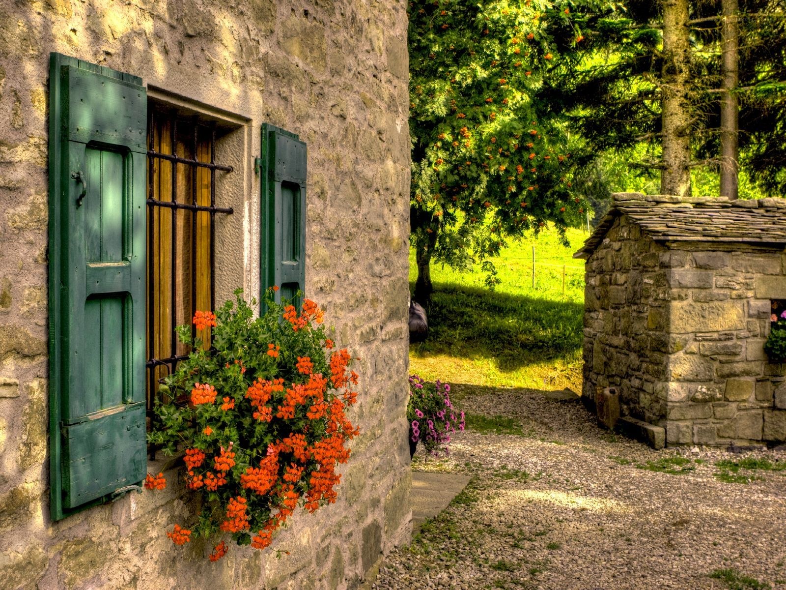 Stone cottage with flowers