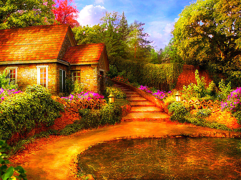 Stone Cottage with Garden — Green, Serene, Afternoon, Digital Art