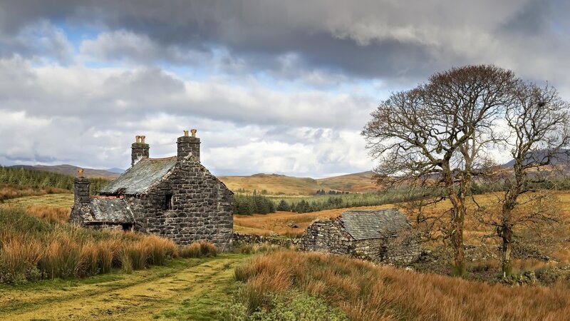 Stone Cottages in Field — Brown