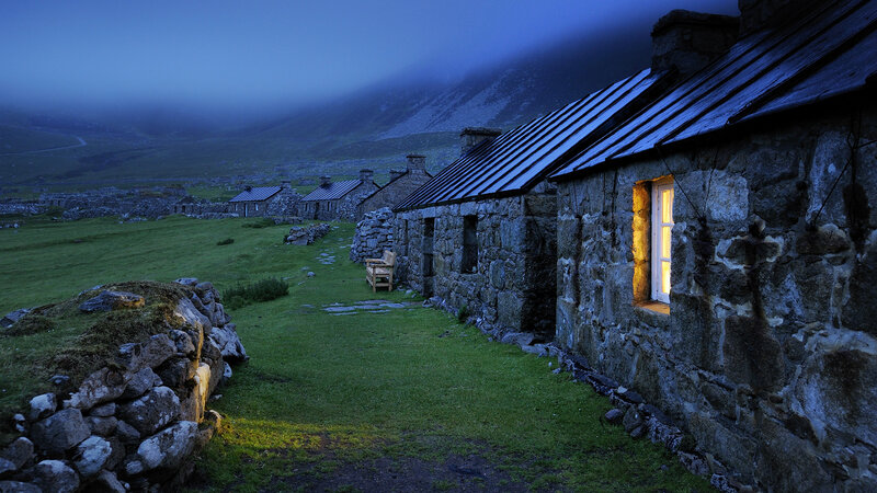 Stone Cottages in Valley — Blue, Serene