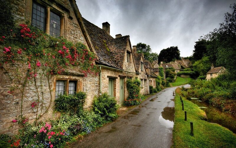 Stone Cottages in Village — Green, Dramatic, Afternoon, Photograph, Flowers, Road