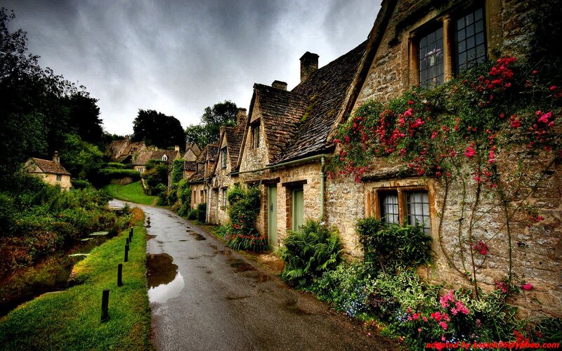 Stone Cottages in Village — Green, Dramatic