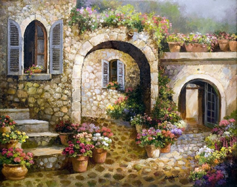 Stone Courtyard with Flowers