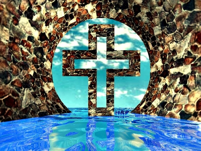 stone cross in tunnel