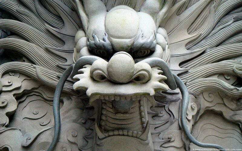 Stone Dragon Carving — Gray, Dramatic, Photograph